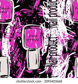 Image for manicure, nail polish in bright lilac color, non-uniform background of black white and lilac tones, text: nail product, vector pattern