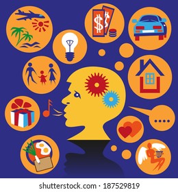 Image of a man's head on a blue background with thoughts around.