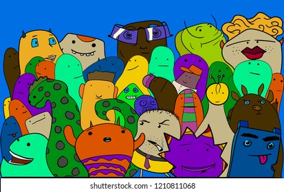 Image of many different characters. Some of them smoke, wear glasses, or show a red tongue.