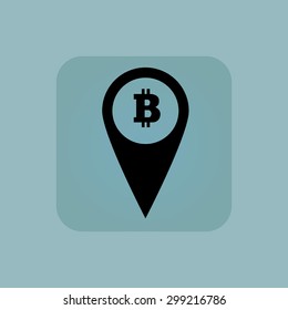 Image of map marker with bitcoin symbol in square, on pale blue background
