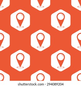 Image of map marker pointing area in white hexagon, repeated on orange background