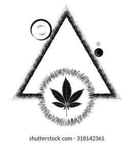 Image of Marijuana leaf and the Sun in abstract art style, done in a slightly psychedelic manner
