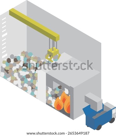 Image material of a crane and incineration facility in a garbage pit of an isometric waste disposal facility