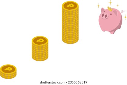 Image material of point up and poiing, isometric composition. Illustration of a coin tower and piggy bank with a right-pointing point.