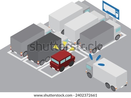 Image material of a regular car parked in an isometric truck parking lot