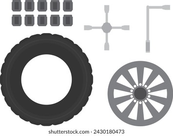 Image material set of tires, wheels, nuts and wrenches