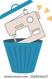 Material de imagem de jogar fora uma máquina de costura em uma lata de lixo