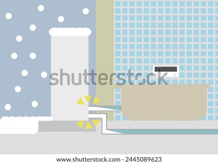 Image material of a water heater with pipes frozen due to snow