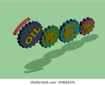 the image of the mechanism which rotates the cog gears with oil dollar currencies, the ruble and the euro, isometrics.