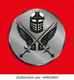 Image of medals with wings of a bird, the two crossed swords and battle helmet. Vector illustration.