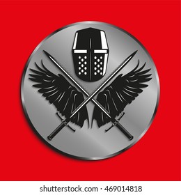 Image of medals with wings of a bird, the two crossed swords and battle helmet. Vector illustration.