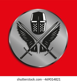 Image of medals with wings of a bird, the two crossed swords and battle helmet. Vector illustration.