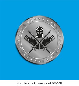 Image of medals with wings of a bird, the two crossed swords and battle helmet. Vector illustration on a blue background.