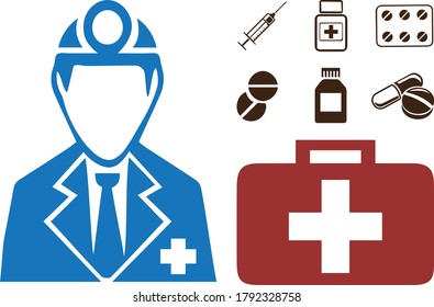 Image of medical items, tablets, syringes, a medical bag and A doctor in a dressing gown.
