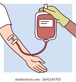 image of a medical worker inserting an IV drip into an arm with a blood bag, illustrating donation or treatment process