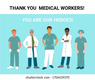 
Image with medical workers and words of gratitude to them for their hard work. EPS 10