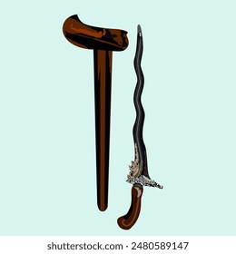 An image of a medieval sword with a wooden handle. Vector illustration.