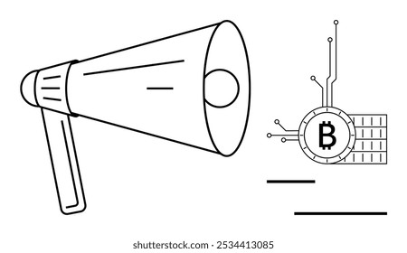An image of a megaphone projecting voice toward an electronic symbol of Bitcoin. Lines suggest movement and communication. Ideal for cryptocurrency promotion, digital marketing, blockchain