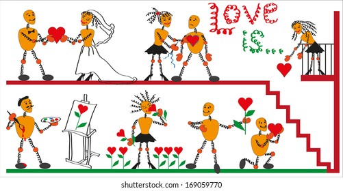 Image of men on a spring in a variety of situations with a red heart.