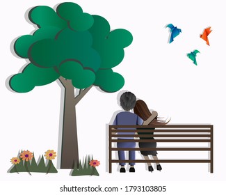 The image of men and women sitting on a park bench Among the nature, trees, grass, flowers and birds.vector illustration