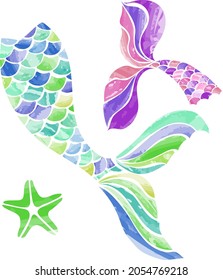 Image of mermaid tail, mermaid tail in watercolor, seashells