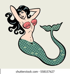 The image of a mermaid in the traditional style of Old school tattoo pin-up