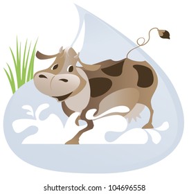 The image of a merry cow  on the background of a large drop  milk