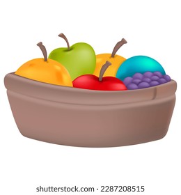 image of mesh texture parcel basket filled with fresh fruit. vector design illustration art