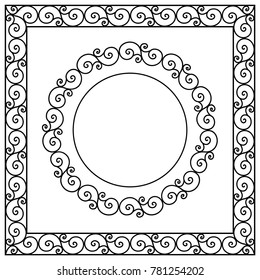 
Image of metal elements in the style of art forging. Elements are connected in a circle and in a square frame. Doodle for wedding card.