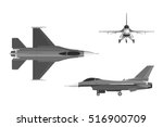 The image of military aircraft. Three views of airplane: top, side, front. Vector illustration.