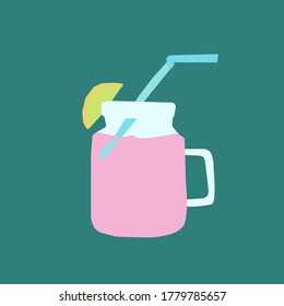 Image of a milkshake mug with a straw on a green background. Vector illustration of pink cocktail for food packaging design, menu.