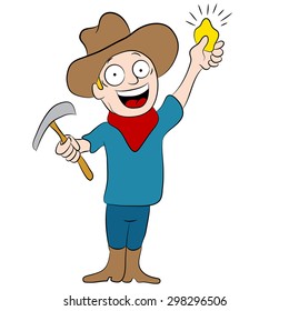 An image of a a miner who has discoverd gold.