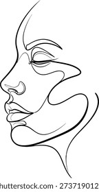 The image is a minimalist black and white line drawing of a woman's face turned to the left, showcasing a continuous flowing line that defines the contours of her face and neck.