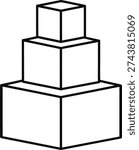 The image is a minimalist, black-and-white line drawing featuring three 3D cubes stacked vertically to form a tiered, pyramid-like structure.