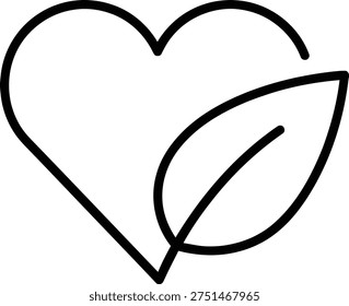 The image is a minimalist illustration featuring a heart outline with a leaf integrated into its design, conveying a sense of eco-friendly love or affection for the environment.