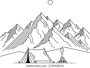 The image is a minimalist illustration featuring a tent pitched in front of a range of mountains with a full moon above. The drawing is done in black and white, emphasizing the simplicity and serenity of the scene.

