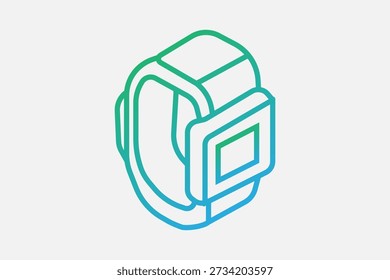 La Imagen es una Ilustración vectorial isométrica minimalista de un reloj inteligente. Cuenta con una estética limpia y técnica utilizando un estilo de arte lineal audaz con bordes redondeados.