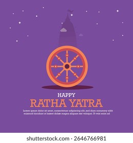 A imagem é uma faixa de saudação minimalista e simbólica Ratha Yatra colocada sobre um fundo roxo. No centro está uma grande roda de bigas laranja estilizada (chakra) — símbolo-chave da 