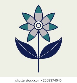 The image is a minimalistic flower design. The flower has six petals arranged symmetrically, with alternating shades of blue and green. At the center of the flower is a circular shape. The flower stem