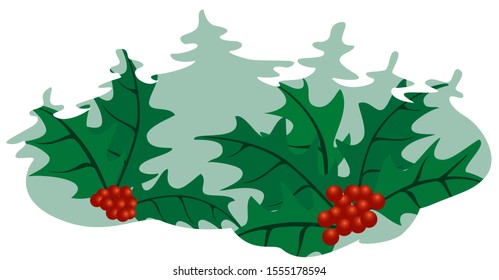 Image with mistletoe branch on a background of fir trees. New Year and Christmas design. EPS10 vector illustration.