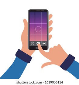 Image of a mobile with camera application. Person pressing the photo button. Editable vector.