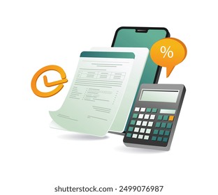 An image of a mobile phone, calculator, and paper document