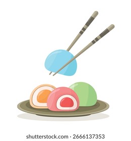 Mochi auf einem Teller und Mochi zwischen Stäbchen. Japanisches Gericht. Reisdessert.