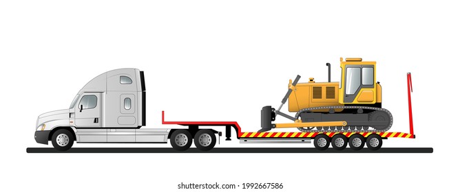 Image of a modern American low loader semi-trailer with cargo. Goose bulldozer. Transportation of construction equipment. Flat vector illustration.