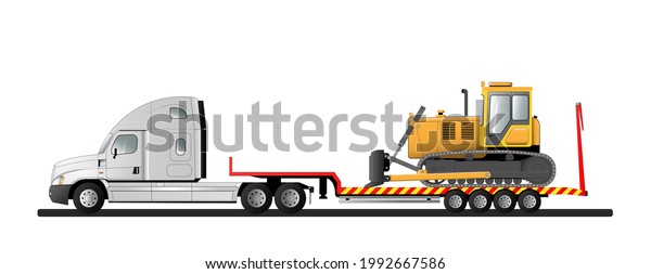 Image of a modern American low loader\
semi-trailer with cargo. Goose bulldozer. Transportation of\
construction equipment. Flat vector\
illustration.