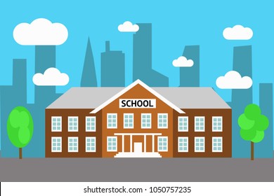 Image of modern building with sign School on background of contemporary cityscape. 