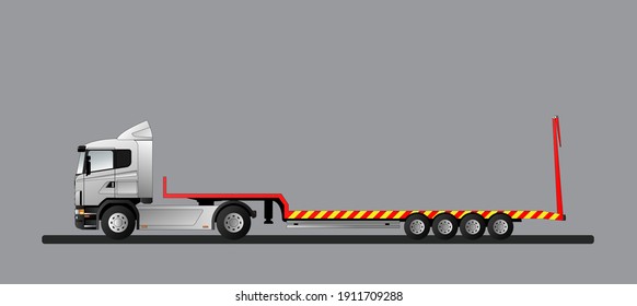 An image of a modern European truck with a low loader semi-trailer. Flat style line art illustration. Side view