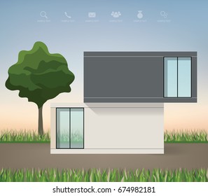 Image of modern house in green grass field area and soft sky background. Vector illustration.