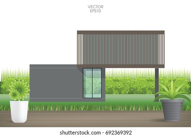 Image of modern house in green natural area. Views from wooden terrace. Vector illustration.