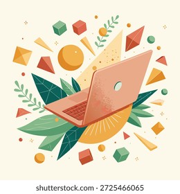 La Imagen es una Ilustración vectorial moderna y estilizada con una computadora portátil de color coral como foco central. Está rodeado de Grandes hojas verdes, Formas geométricas abstractas (cubos, pirámides, esferas, conos) en varios colores apagados como verde, rojo, naranja y amarillo. La estética general es una de "estética moderna y diseños conceptuales", que combina la tecnología con Elementos orgánicos y abstractos sobre un fondo blanquecino. 